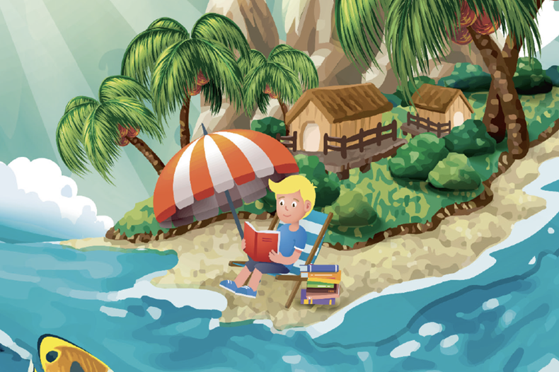 Jongen leest boek op een eiland in de zomer
